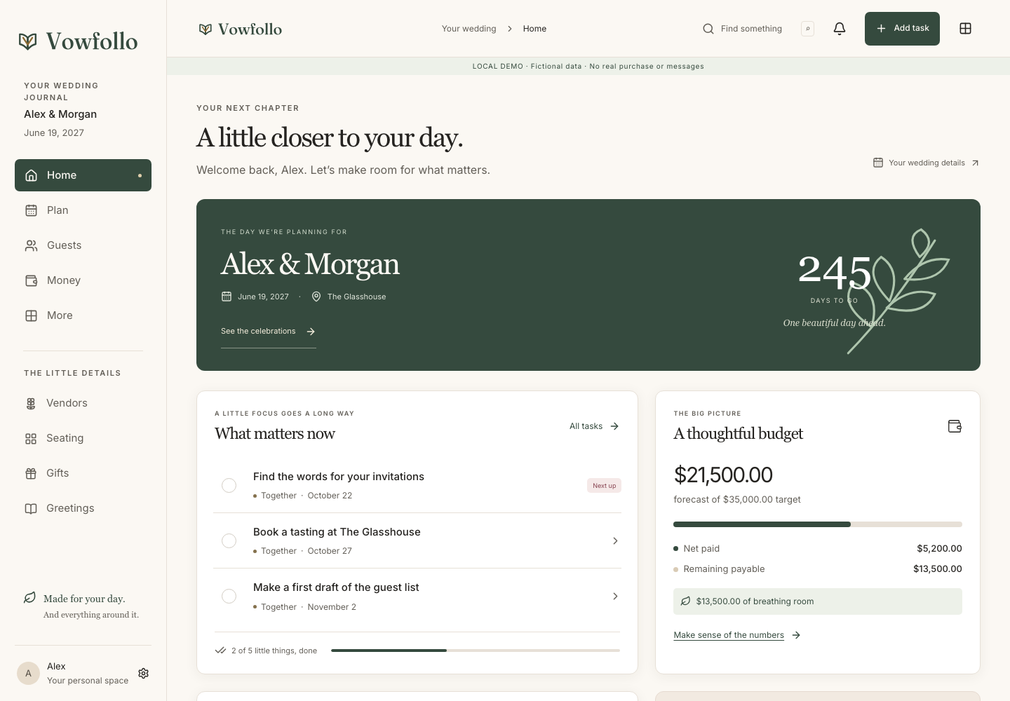 Actual Vowfolio demo dashboard showing Alex and Morgan’s fictional wedding, planning tasks, budget and guest overview