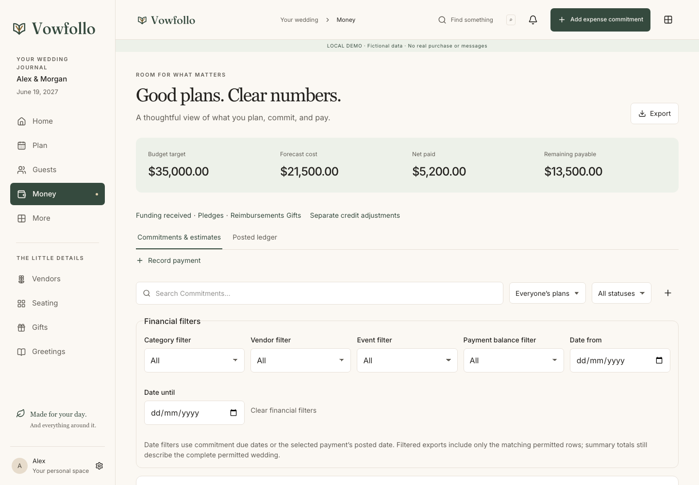 Actual budget and money management screen with fictional amounts