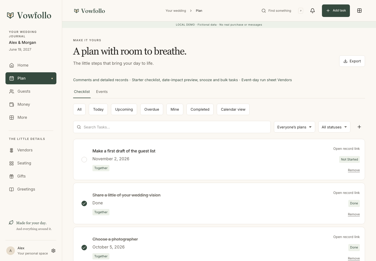 Actual wedding planning screen with fictional planning tasks